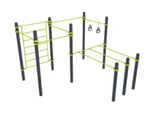 agrès de sport extérieur pour une aire de fitness outdoor : DPI 04, Triple dips, barre de traction, espalier, TRX