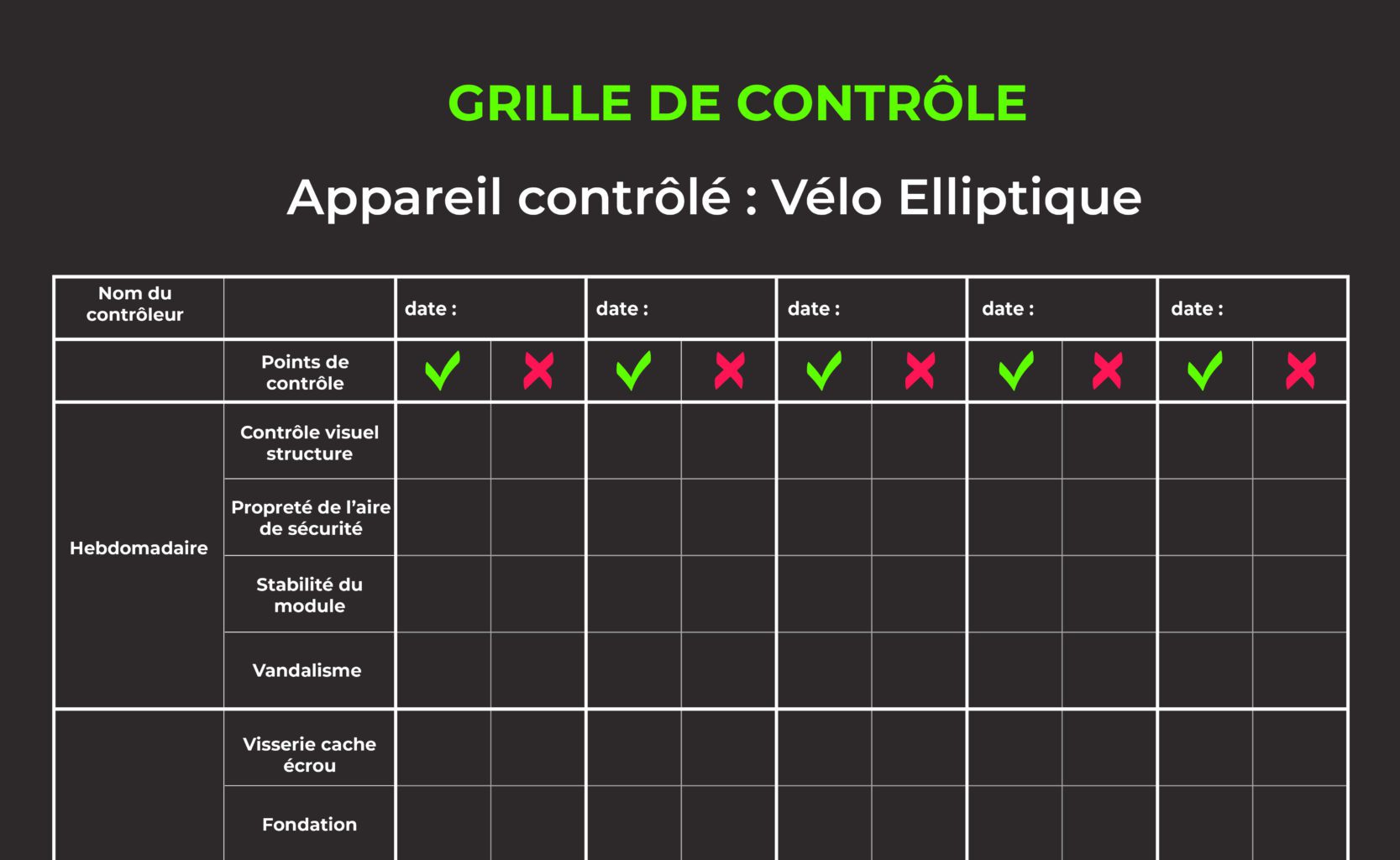 grille de contrôle pour la maintenance des agrès de sport extérieur