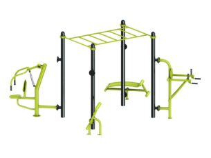 équipement de sport extérieur pour une aire de fitness outdoor : pont de singe, abdos, lombaires, chaise romaine, multi press vue 3