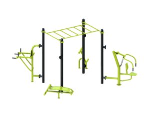 équipement de sport extérieur pour une aire de fitness outdoor : pont de singe, abdos, lombaires, chaise romaine, multi press