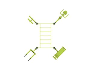 équipement de sport extérieur pour une aire de fitness outdoor : pont de singe, abdos, lombaires, chaise romaine, multi press vue dessus