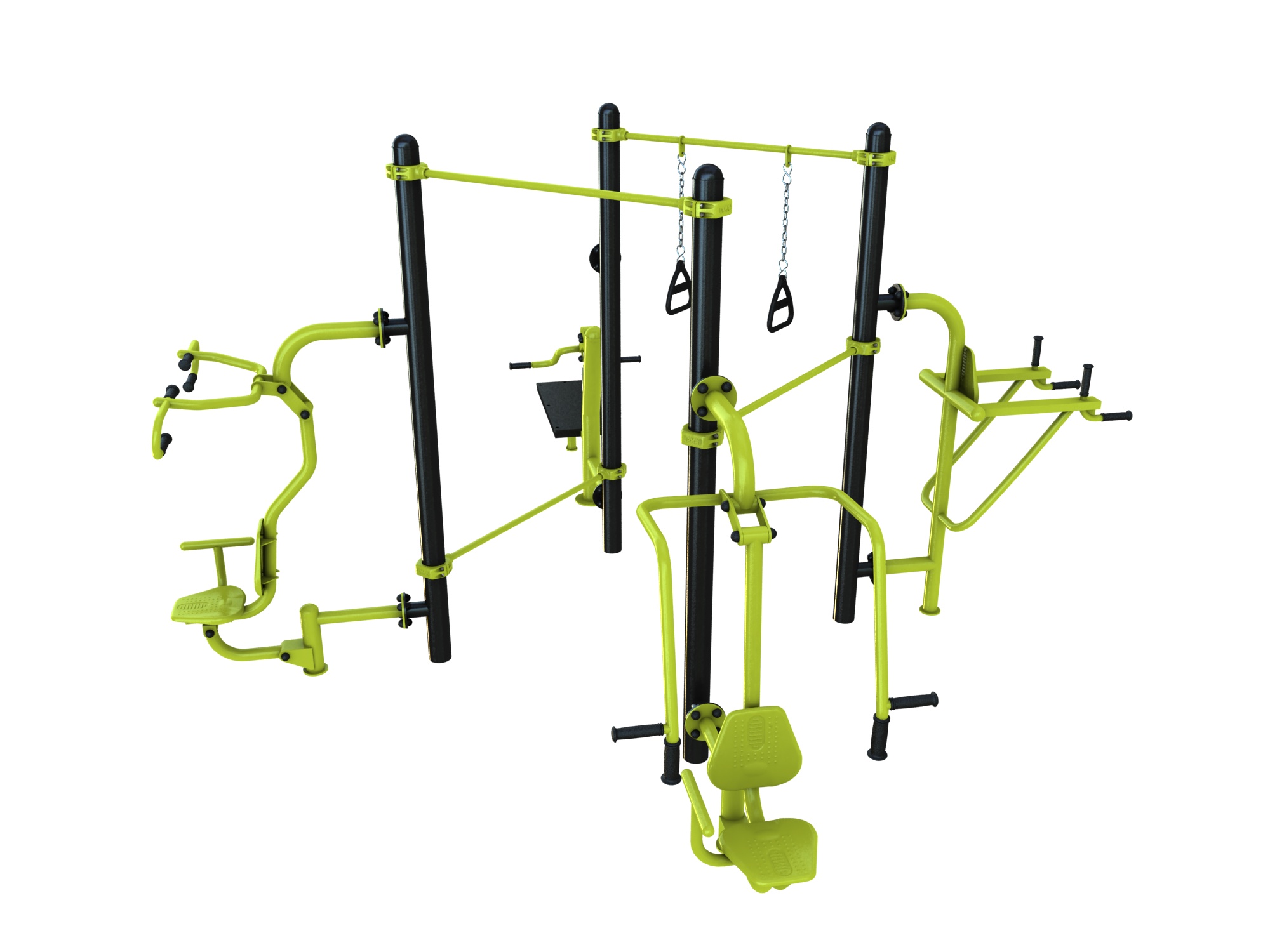 agrès de sport extérieur pour une aire de fitness outdoor : push, pull, chest press, chaise romaine, trx