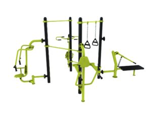 agrès de sport extérieur pour une aire de fitness outdoor : push, pull, TRX, chaise romaine.