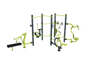 agrès de sport extérieur pour une aire de fitness outdoor : Chest press, vélo elliptique, push, pull, cavalcade, barre de traction, TRX