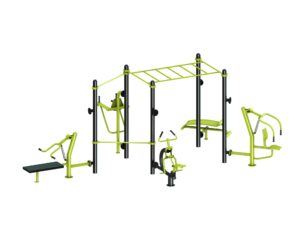 équipement de sport extérieur pour une aire de fitness outdoor : pont de singe, abdos, cavalcade, chaise romaine, multi press, barre traction