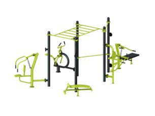 équipement de sport extérieur pour une aire de fitness outdoor : abdos, chest press, chaise romaine, multi press, cavalcade, pont de singe, barre de traction