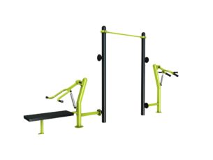 agrès de sport extérieur pour une aire de street workout outdoor : Chest press, barre de traction, Hack squat