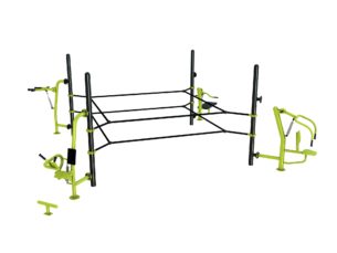 équipement de sport extérieur pour une aire de fitness outdoor : Ring, hack squat, chest press, multi press, crunch machine