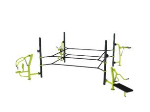 équipement de sport extérieur pour une aire de fitness outdoor : Ring, hack squat, chest press, multi press, crunch machine